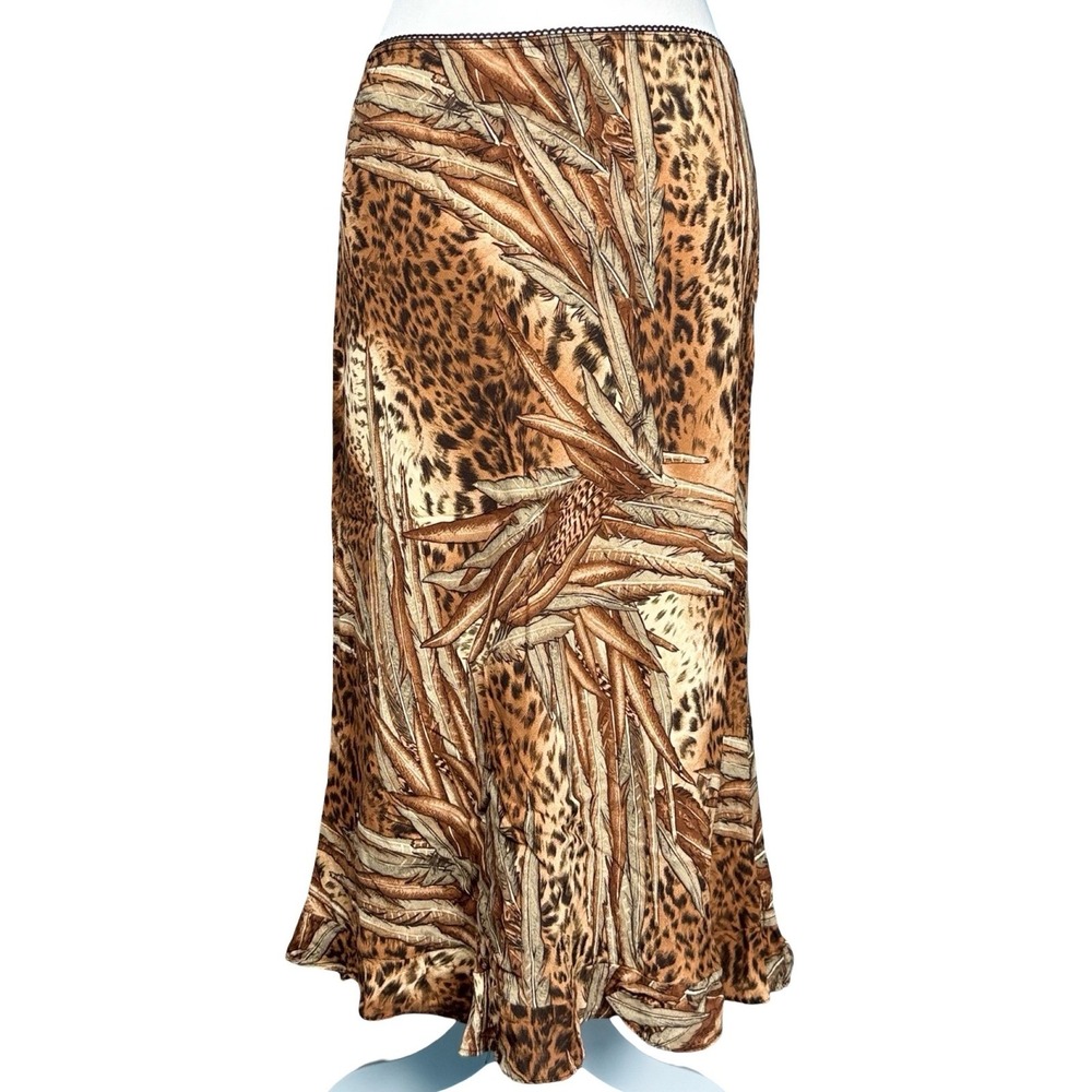 Vintage Leopard Tropical Print Bias Midi Skirt Safari Animal Womens 14P